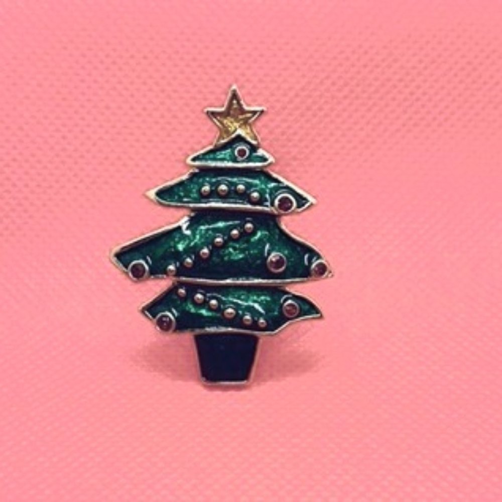 Iridescent Christmas tree brooch with rhinestones